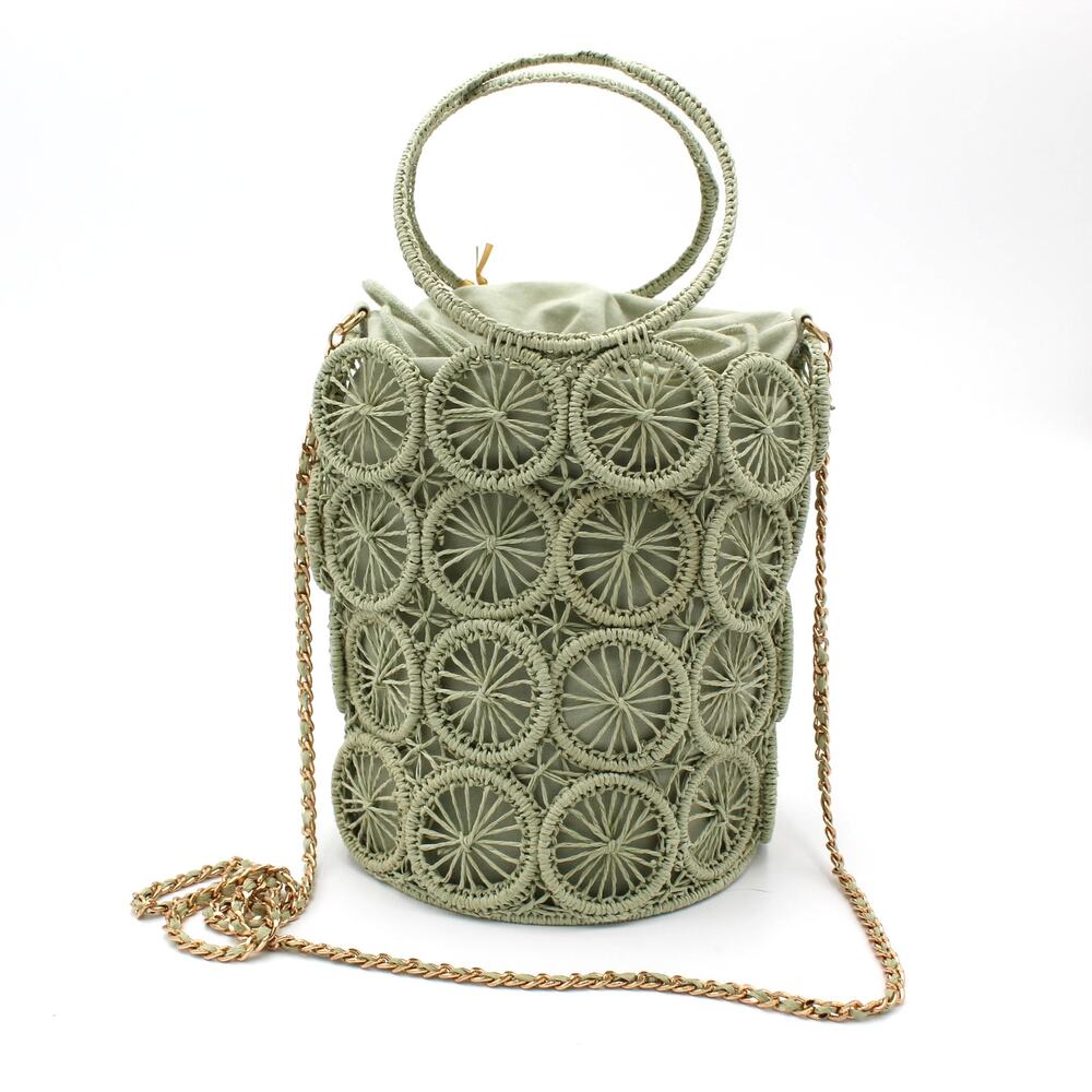 House of Harlow 1960 Macrame Woven Bucket Bag Sage Green Boho Coastal Crossbody